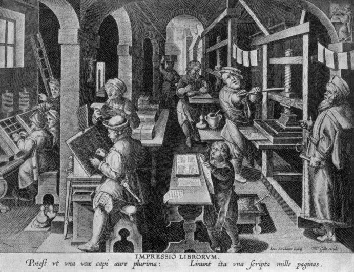 engraving of sixteenth-century printing house, showing the printed sheets hung up to dry